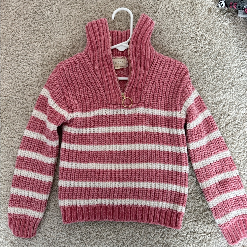 btween Pink and Cream Striped Chenille Zip Neck Sweater